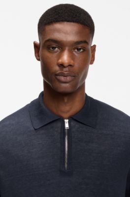 Zip-neck sweater in a linen blend, Dark Blue