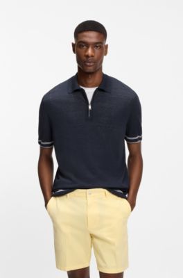Zip-neck sweater in a linen blend, Dark Blue