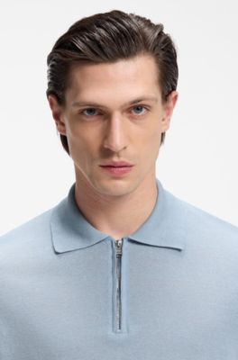 Zip-neck sweater in a linen blend, Light Blue