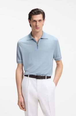 Zip-neck sweater in a linen blend, Light Blue