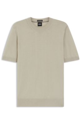 Jersey de manga corta en lana merina, Beige claro