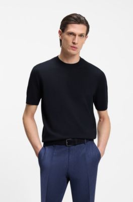 Pull &agrave; manches courtes en laine m&eacute;rinos, Bleu fonc&eacute;