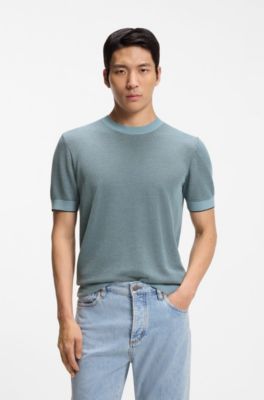 Jersey de manga corta de algod&oacute;n y seda con estructura de punto, Celeste
