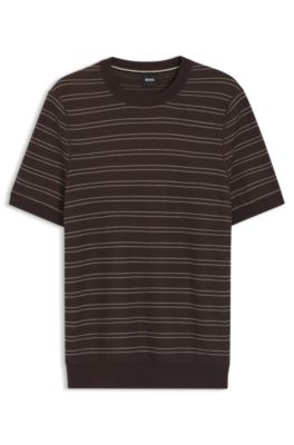 Horizontal-stripe knit T-shirt in a cotton blend, Dark Brown