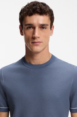 Horizontal-stripe knit T-shirt in a cotton blend, Light Blue