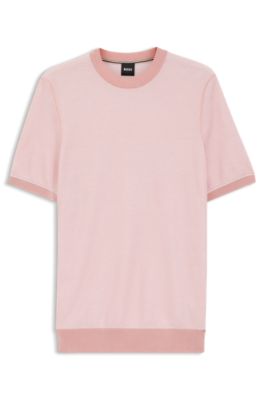 Horizontal-stripe knit T-shirt in a cotton blend, light pink