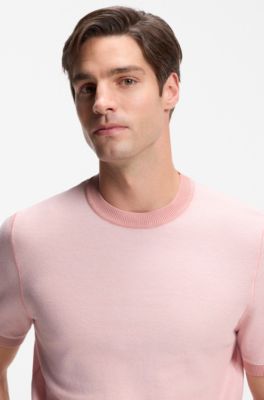 Horizontal-stripe knit T-shirt in a cotton blend, light pink