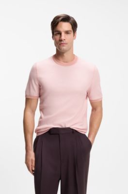Horizontal-stripe knit T-shirt in a cotton blend, light pink