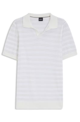 Polo en maille de coton m&eacute;lang&eacute; &agrave; rayure horizontale, Blanc
