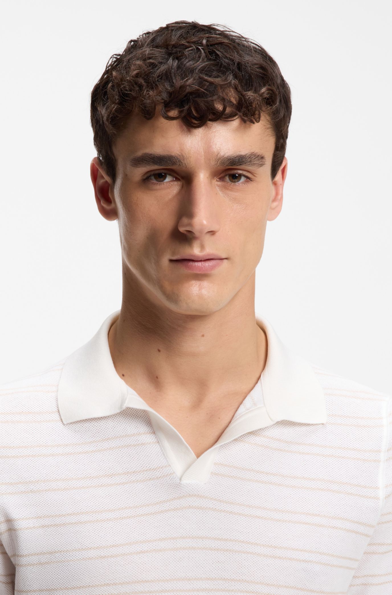 BOSS - Cotton-blend knit polo with horizontal stripe. - White