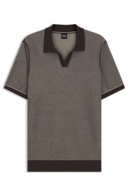 Cotton-blend knit polo with horizontal stripe. , Dark Brown
