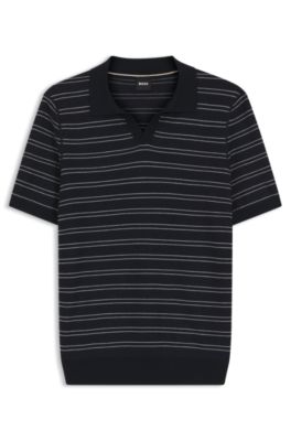 Polo en maille de coton m&eacute;lang&eacute; &agrave; rayure horizontale, Bleu fonc&eacute;