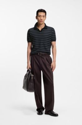 Cotton-blend knit polo with horizontal stripe. , Dark Blue