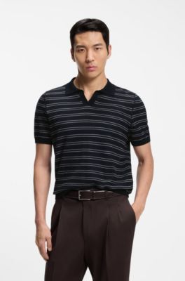 Polo en maille de coton m&eacute;lang&eacute; &agrave; rayure horizontale, Bleu fonc&eacute;