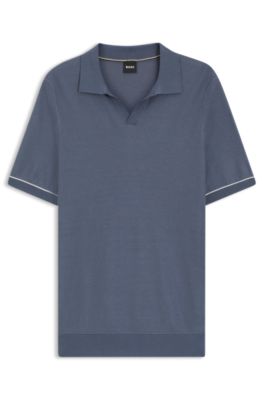 Cotton-blend knit polo with horizontal stripe. , Light Blue