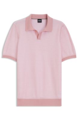 Cotton-blend knit polo with horizontal stripe. , light pink