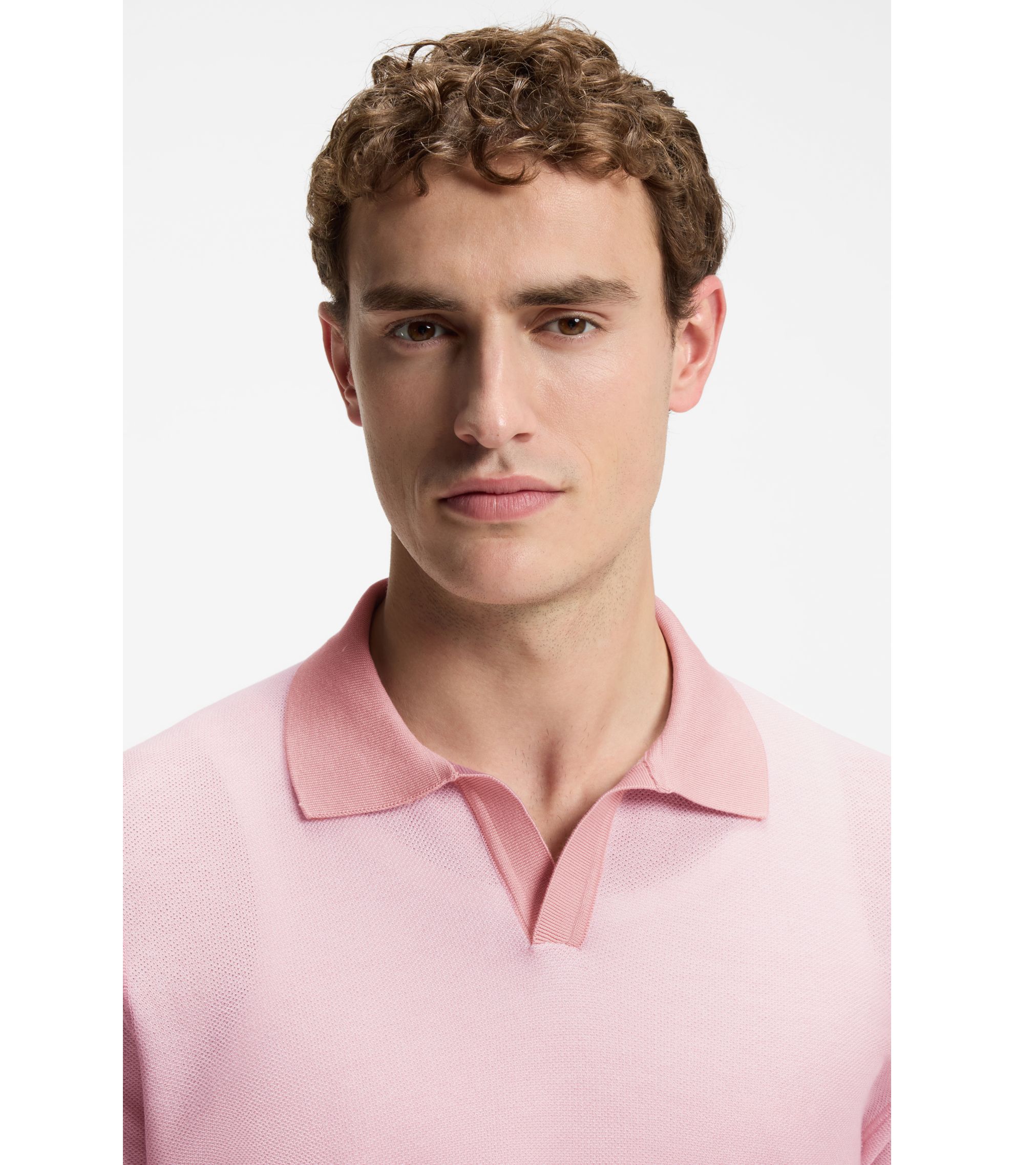 BOSS - Cotton-blend knit polo with horizontal stripe. - light pink