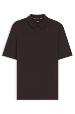 Virgin-wool sweater with polo collar, Dark Brown