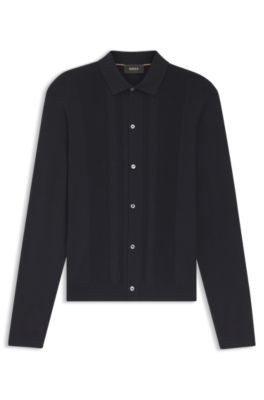 Cardigan en soie avec panneaux en mesh, Bleu fonc&eacute;