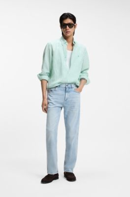 Regular-fit shirt in striped linen, Light Green
