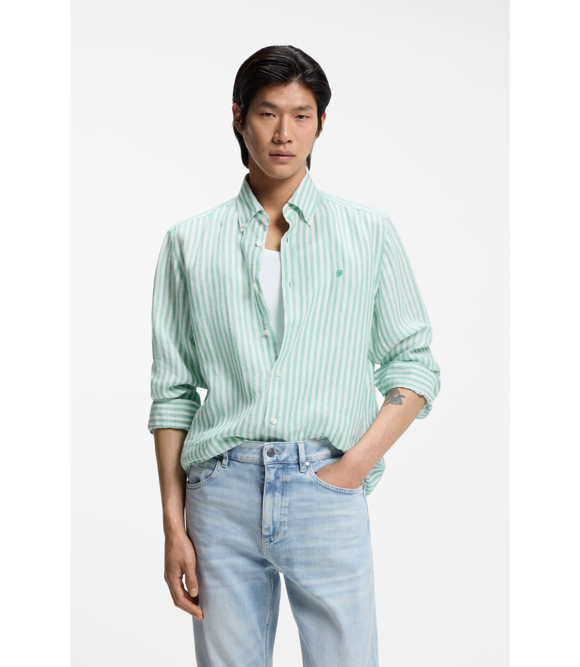 BOSS - Regular-fit shirt in striped linen - Light Green