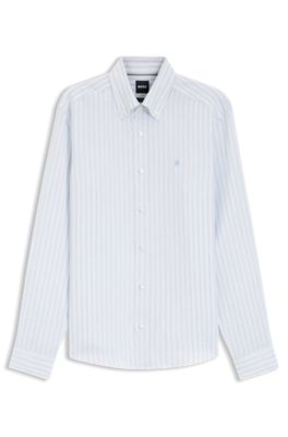 Camisa regular fit en lino a rayas, Celeste