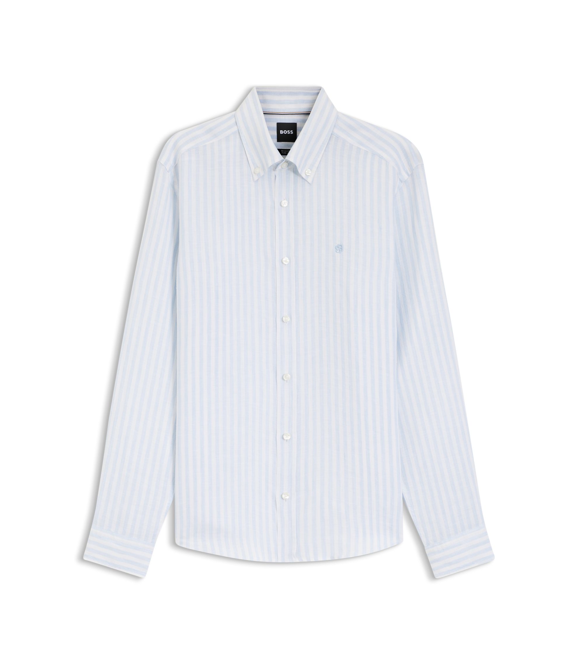 BOSS Regular-fit shirt in striped linen, Men, Size: M, light Blue