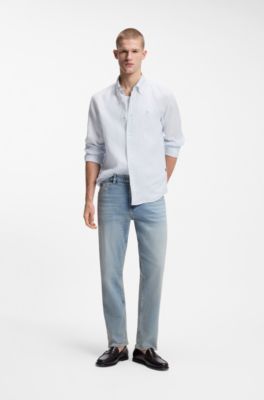 Camisa regular fit en lino a rayas, Celeste