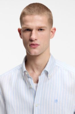 Camisa regular fit en lino a rayas, Celeste