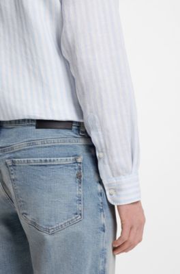 Regular-fit shirt in striped linen, Light Blue