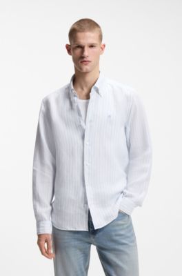 Regular-fit shirt in striped linen, Light Blue