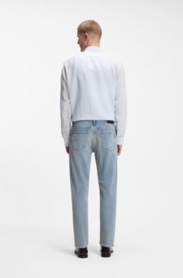 Regular-fit shirt in striped linen, Light Blue