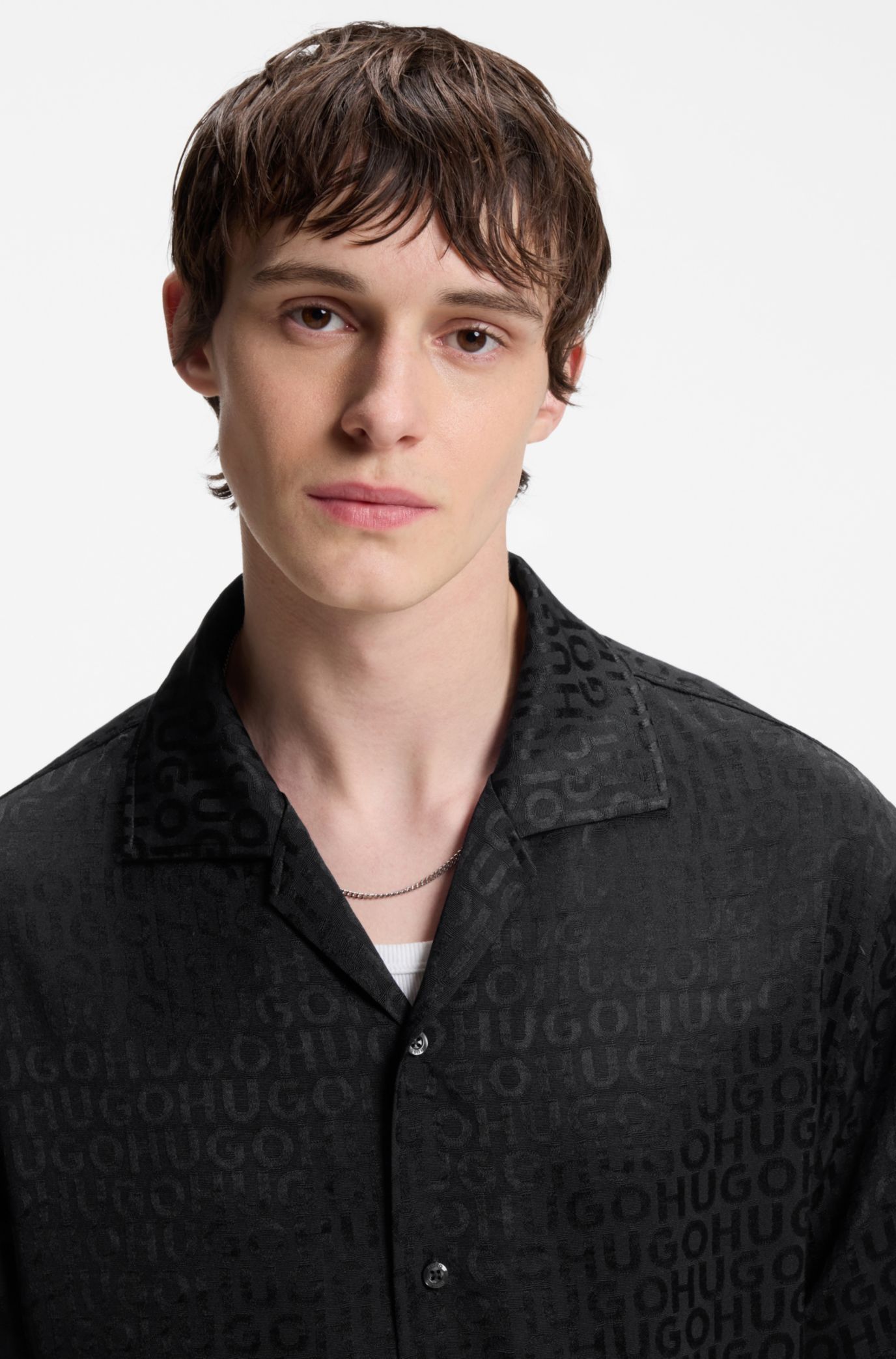 HUGO - Oversized-fit shirt with jacquard pattern - Black