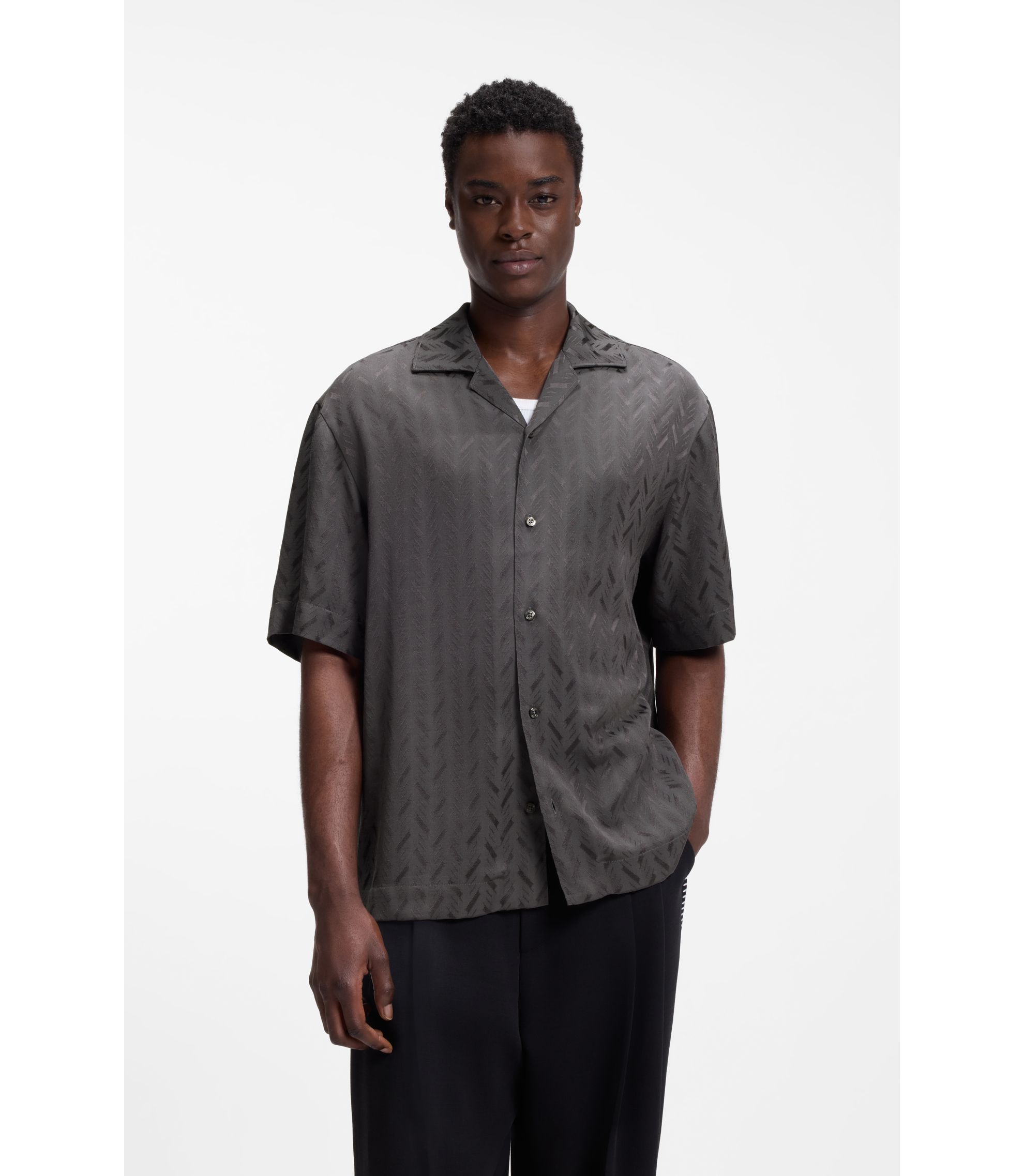 HUGO - Oversized-fit shirt with jacquard pattern - Dark Grey