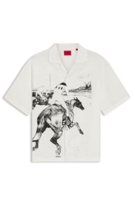 Camisa oversize fit con estampado de carrera de caballos, Blanco