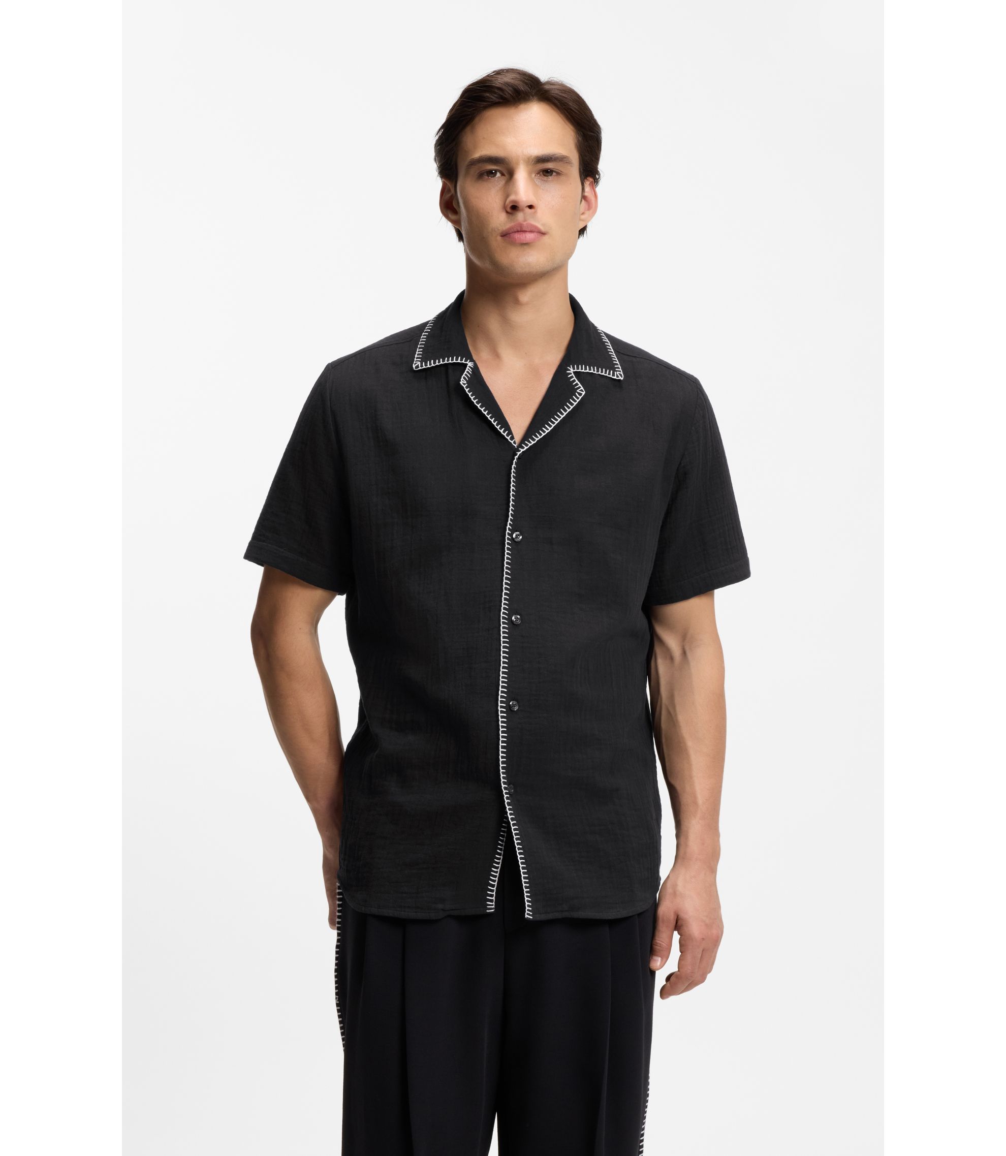 hugoboss シャツ HUGO - Relaxed-fit shirt in cotton seersucker - Black