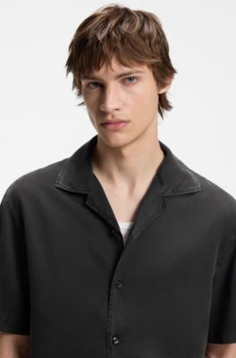 Camisa oversize fit con cuello cubano, Negro