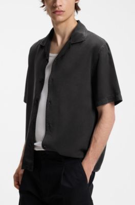 Camisa oversize fit con cuello cubano, Negro