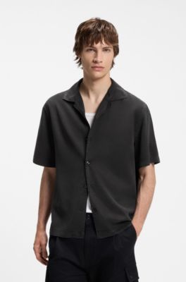 Camisa oversize fit con cuello cubano, Negro