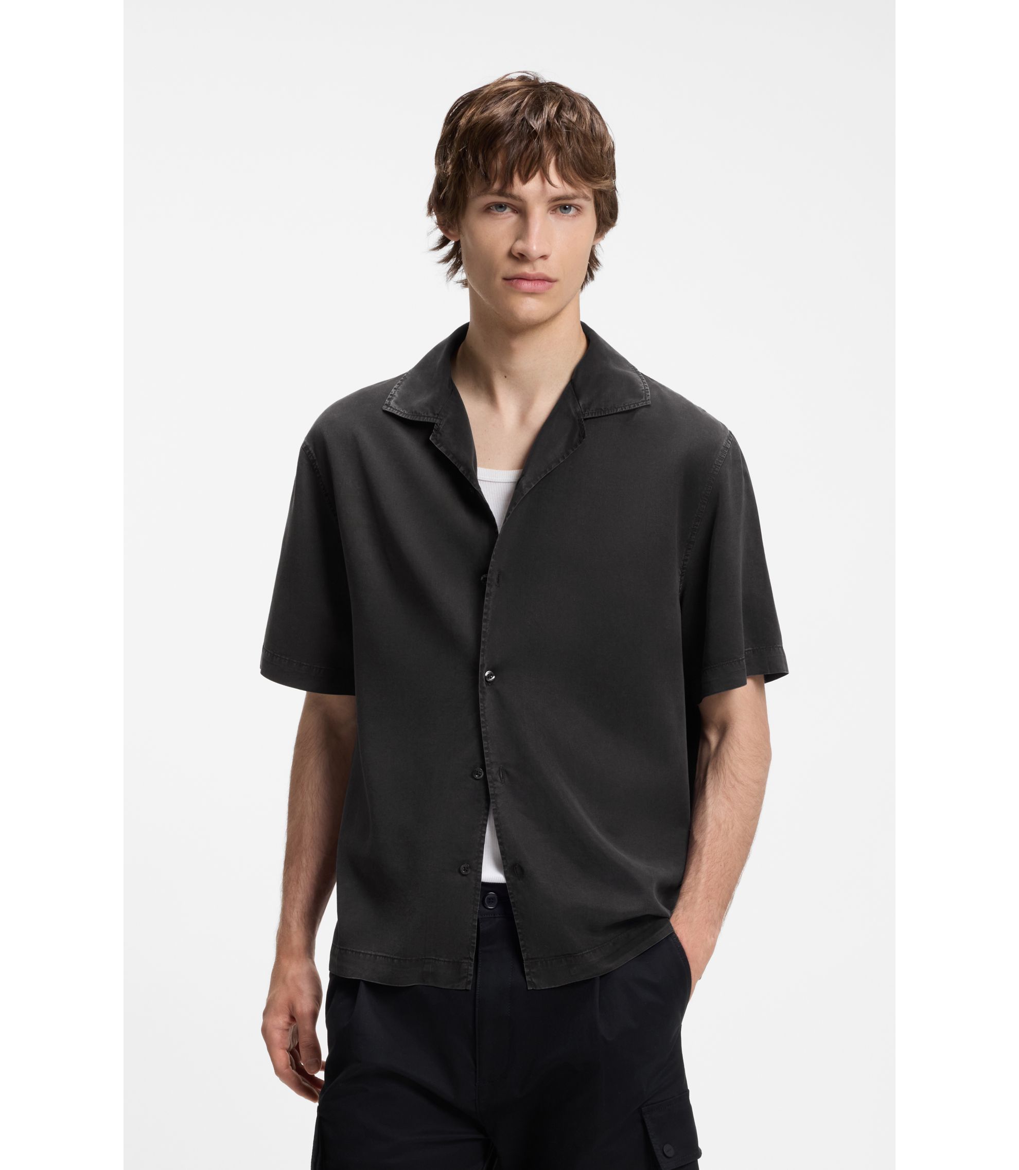 HUGO - Oversized-fit shirt with camp collar - Black