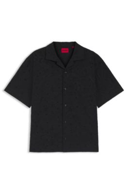 Camisa oversize fit en algod&oacute;n con bordado ingl&eacute;s, Negro