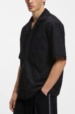 Camisa oversize fit en algod&oacute;n con bordado ingl&eacute;s, Negro