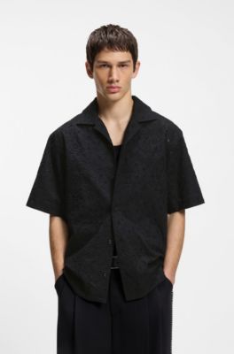 Camisa oversize fit en algod&oacute;n con bordado ingl&eacute;s, Negro