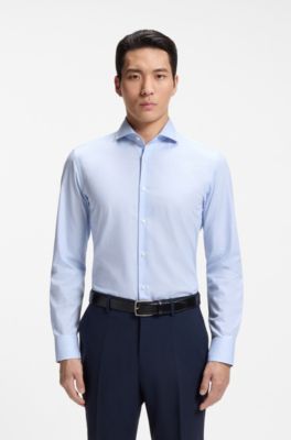 Camisa slim fit en sarga de algod&oacute;n de planchado f&aacute;cil, Celeste