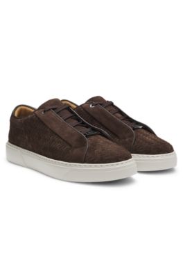 Baskets Gary avec tige en cuir su&eacute;d&eacute; tiss&eacute;, Marron fonc&eacute;