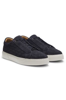 Baskets Gary avec tige en cuir su&eacute;d&eacute; tiss&eacute;, Bleu fonc&eacute;