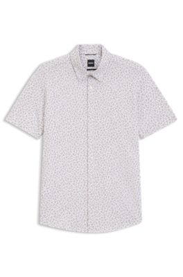 Printed slim-fit shirt in cotton-blend jersey, Light Beige