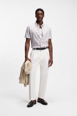 Printed slim-fit shirt in cotton-blend jersey, Light Beige