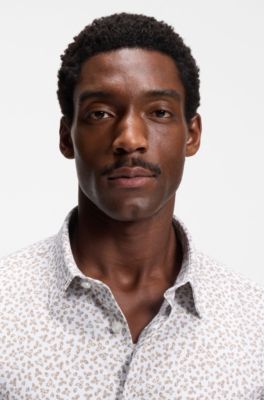 Printed slim-fit shirt in cotton-blend jersey, Light Beige