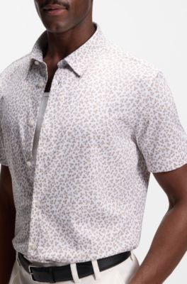 Printed slim-fit shirt in cotton-blend jersey, Light Beige